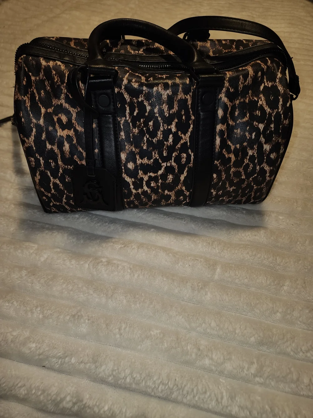Leopard Print Barrel Duffel Bag with Black Trim